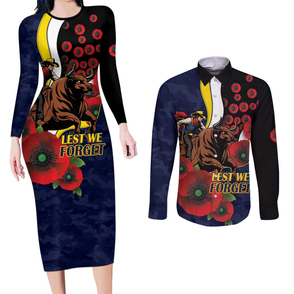 North Queensland Cowboys ANZAC Personalised Couples Matching Long Sleeve Bodycon Dress and Long Sleeve Button Shirt Lest We Forget Poppy Camo