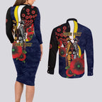 North Queensland Cowboys ANZAC Personalised Couples Matching Long Sleeve Bodycon Dress and Long Sleeve Button Shirt Lest We Forget Poppy Camo