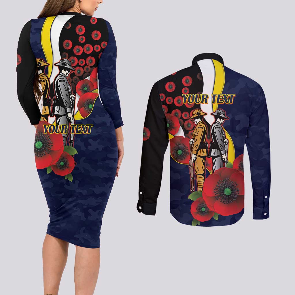 North Queensland Cowboys ANZAC Personalised Couples Matching Long Sleeve Bodycon Dress and Long Sleeve Button Shirt Lest We Forget Poppy Camo