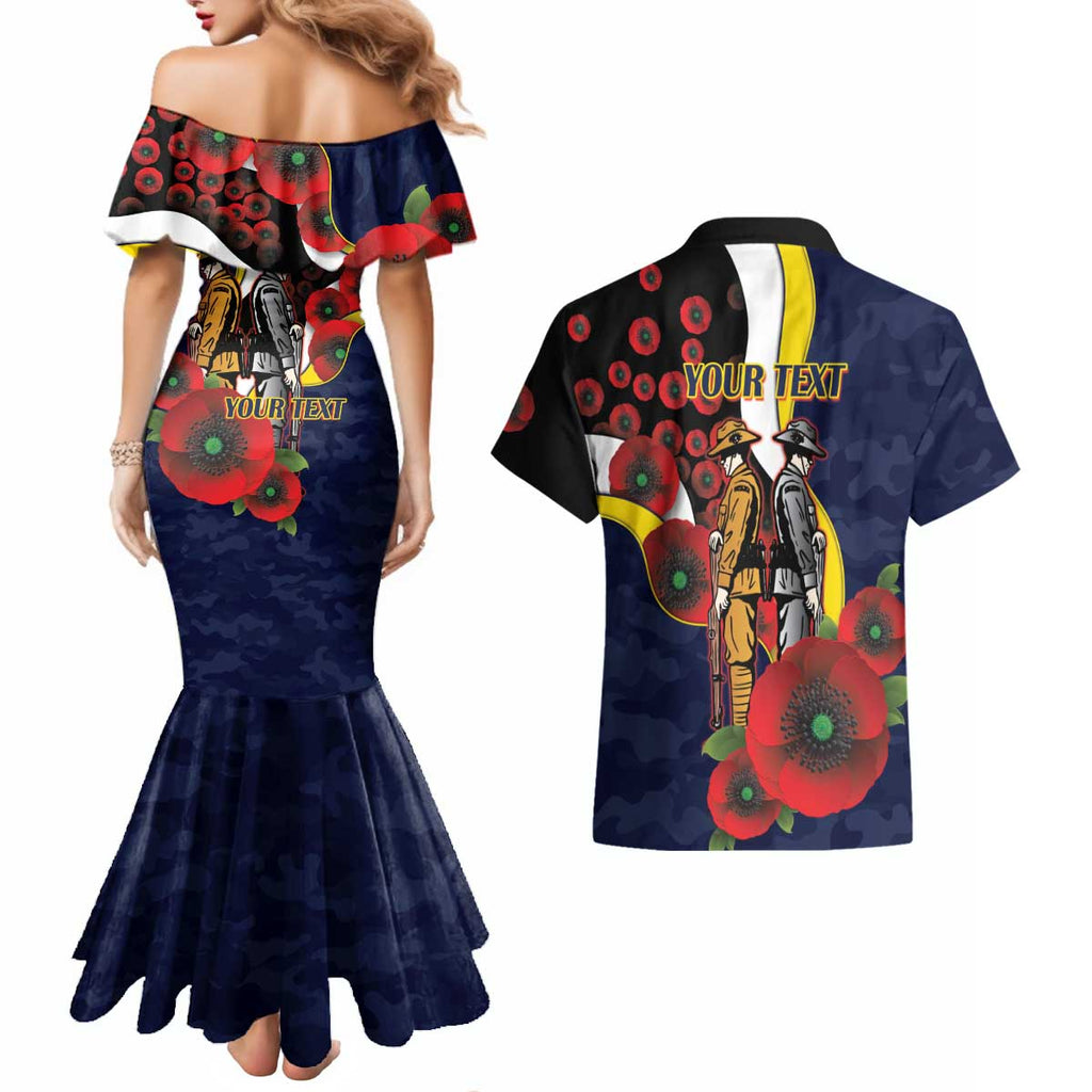 North Queensland Cowboys ANZAC Personalised Couples Matching Mermaid Dress and Hawaiian Shirt Lest We Forget Poppy Camo