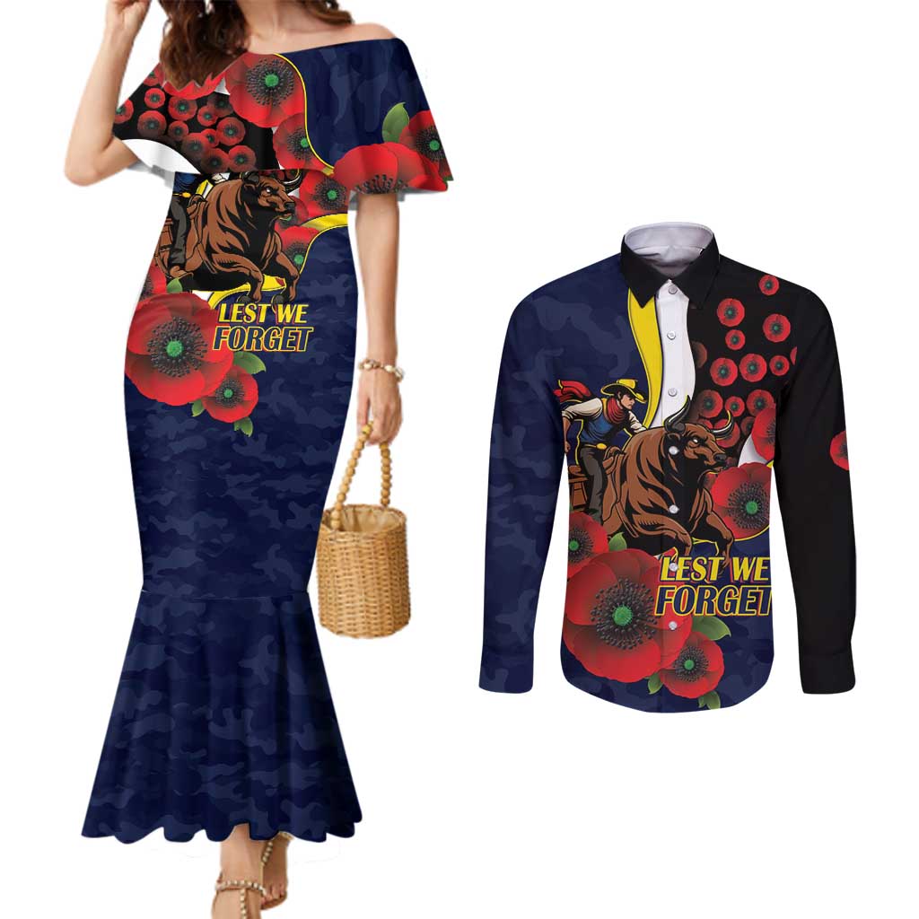 North Queensland Cowboys ANZAC Personalised Couples Matching Mermaid Dress and Long Sleeve Button Shirt Lest We Forget Poppy Camo