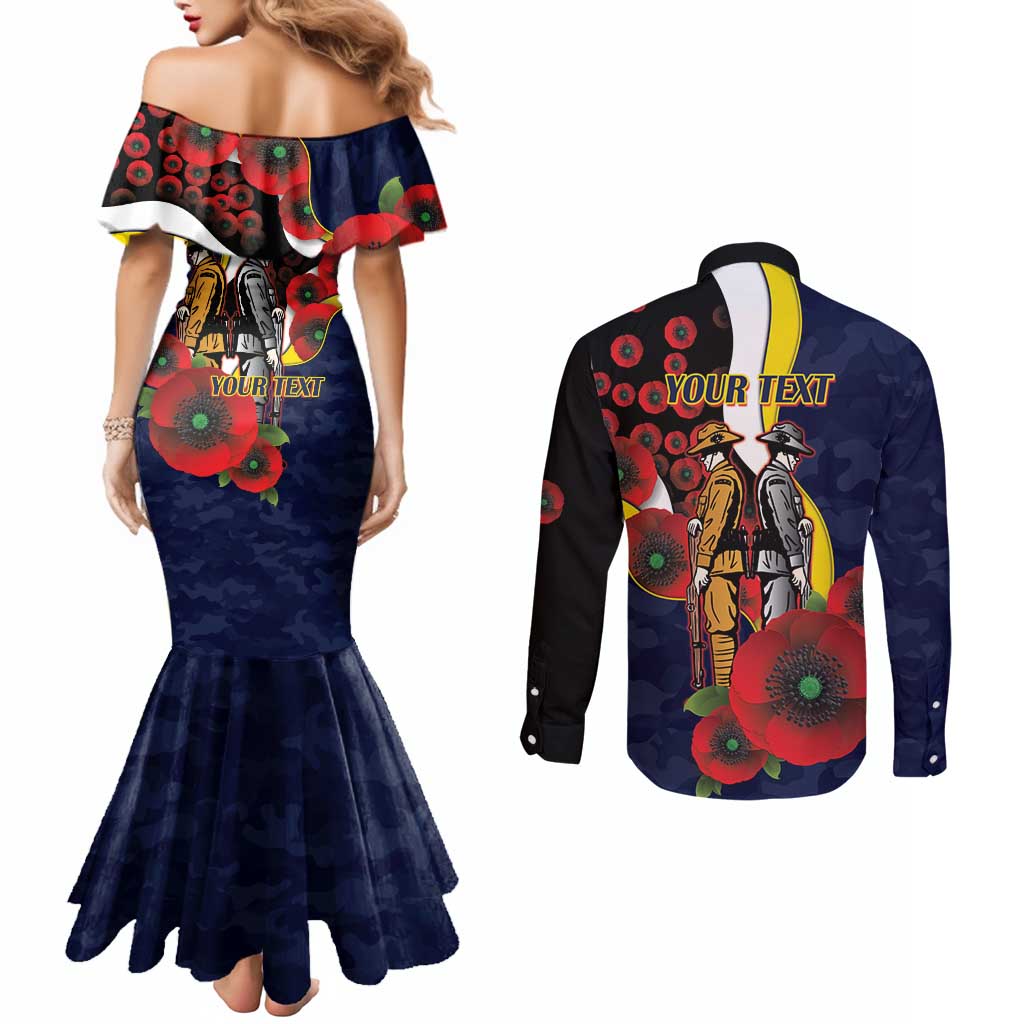 North Queensland Cowboys ANZAC Personalised Couples Matching Mermaid Dress and Long Sleeve Button Shirt Lest We Forget Poppy Camo