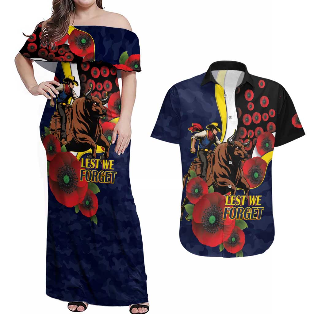 North Queensland Cowboys ANZAC Personalised Couples Matching Off Shoulder Maxi Dress and Hawaiian Shirt Lest We Forget Poppy Camo