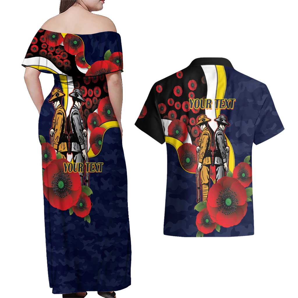 North Queensland Cowboys ANZAC Personalised Couples Matching Off Shoulder Maxi Dress and Hawaiian Shirt Lest We Forget Poppy Camo