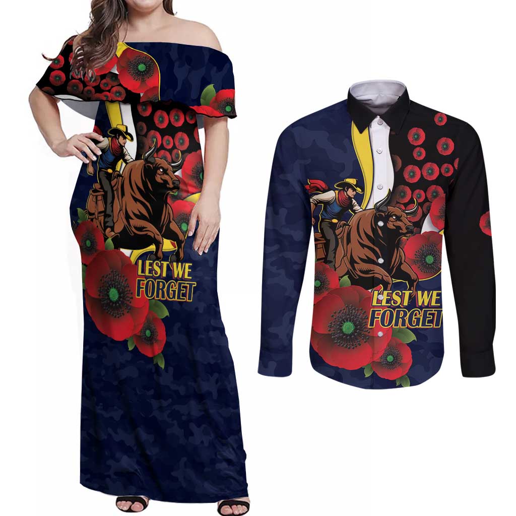 North Queensland Cowboys ANZAC Personalised Couples Matching Off Shoulder Maxi Dress and Long Sleeve Button Shirt Lest We Forget Poppy Camo