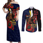 North Queensland Cowboys ANZAC Personalised Couples Matching Off Shoulder Maxi Dress and Long Sleeve Button Shirt Lest We Forget Poppy Camo