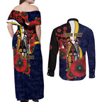 North Queensland Cowboys ANZAC Personalised Couples Matching Off Shoulder Maxi Dress and Long Sleeve Button Shirt Lest We Forget Poppy Camo