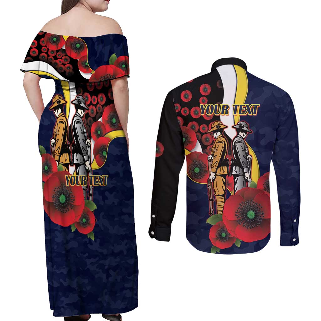 North Queensland Cowboys ANZAC Personalised Couples Matching Off Shoulder Maxi Dress and Long Sleeve Button Shirt Lest We Forget Poppy Camo