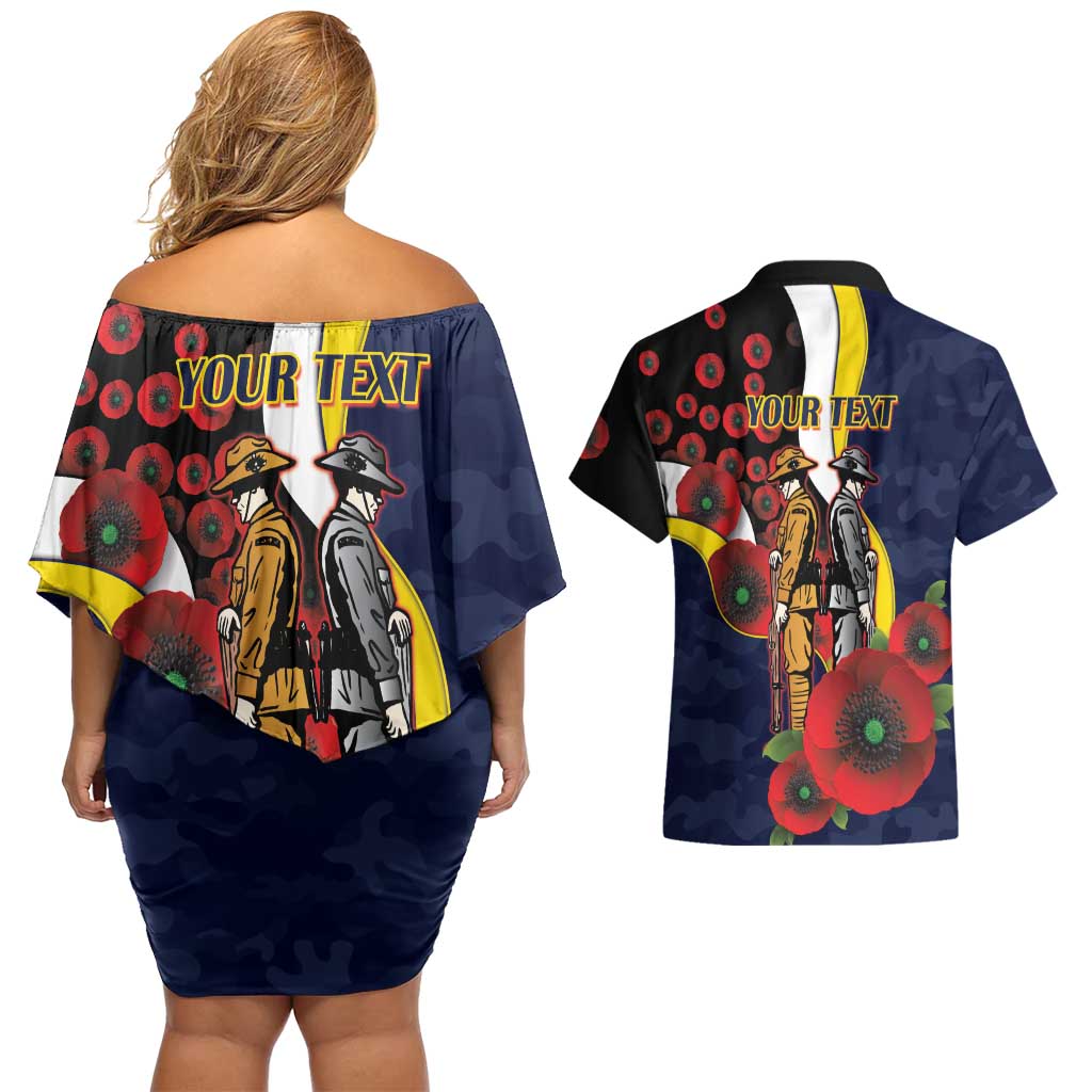 North Queensland Cowboys ANZAC Personalised Couples Matching Off Shoulder Short Dress and Hawaiian Shirt Lest We Forget Poppy Camo