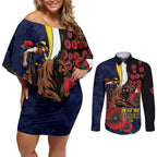 North Queensland Cowboys ANZAC Personalised Couples Matching Off Shoulder Short Dress and Long Sleeve Button Shirt Lest We Forget Poppy Camo