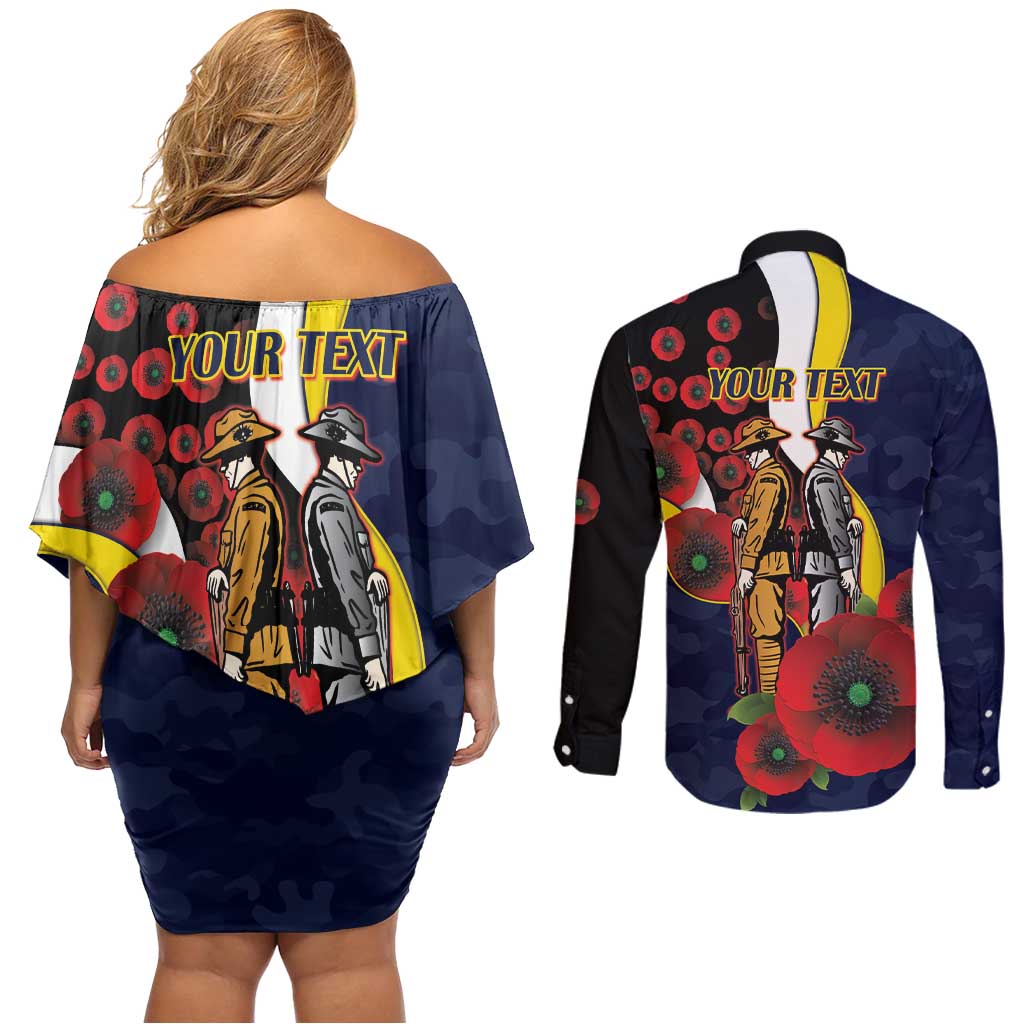 North Queensland Cowboys ANZAC Personalised Couples Matching Off Shoulder Short Dress and Long Sleeve Button Shirt Lest We Forget Poppy Camo
