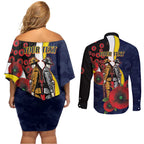 North Queensland Cowboys ANZAC Personalised Couples Matching Off Shoulder Short Dress and Long Sleeve Button Shirt Lest We Forget Poppy Camo