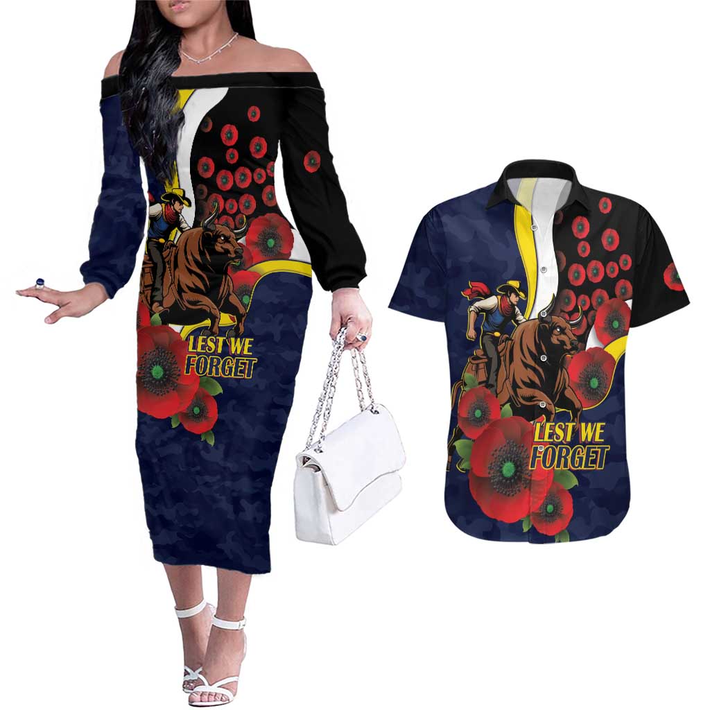 North Queensland Cowboys ANZAC Personalised Couples Matching Off The Shoulder Long Sleeve Dress and Hawaiian Shirt Lest We Forget Poppy Camo