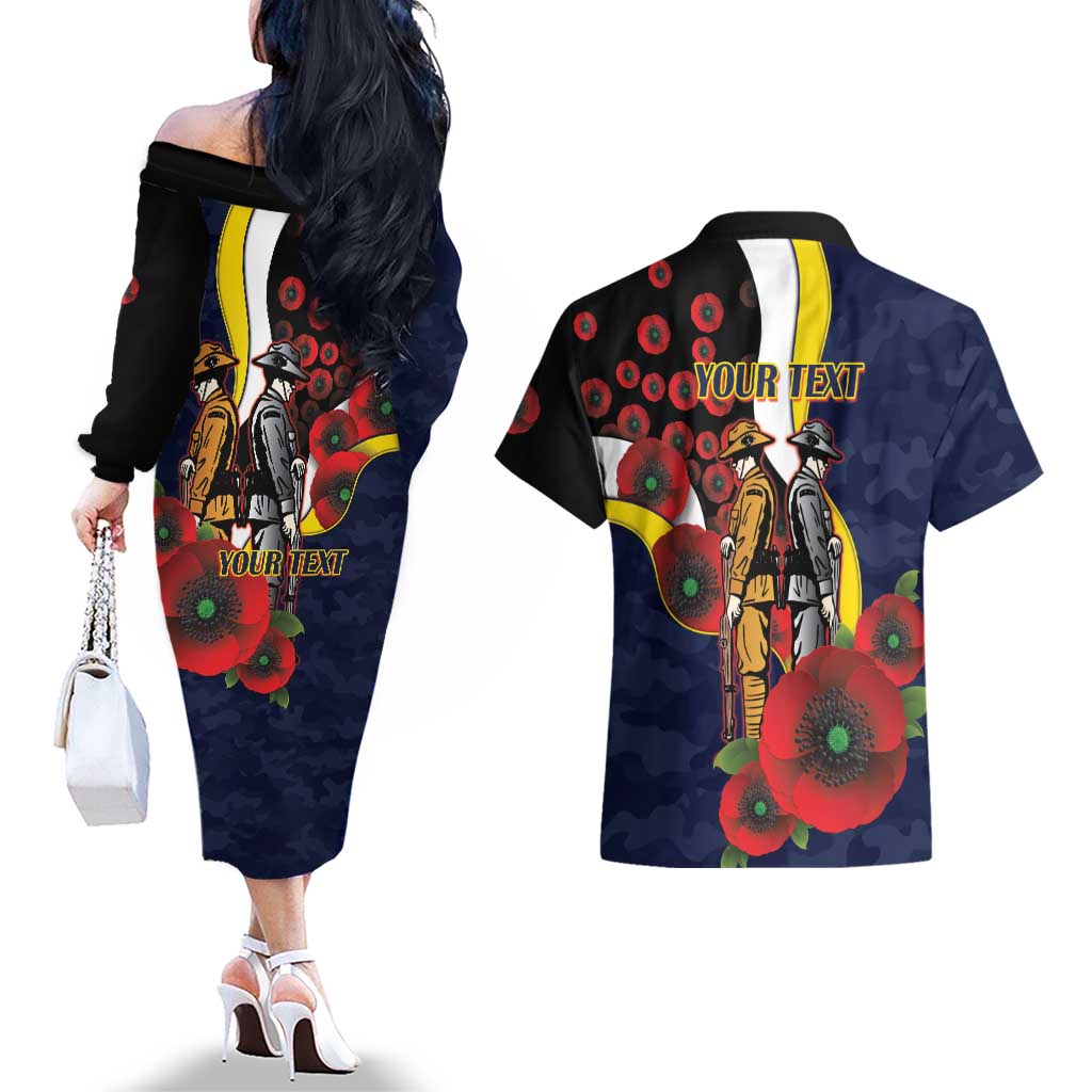 North Queensland Cowboys ANZAC Personalised Couples Matching Off The Shoulder Long Sleeve Dress and Hawaiian Shirt Lest We Forget Poppy Camo