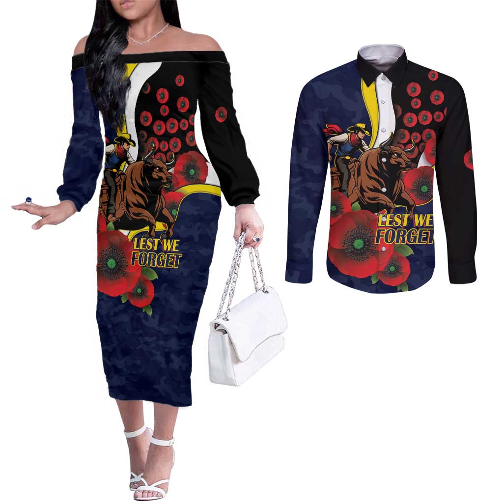 North Queensland Cowboys ANZAC Personalised Couples Matching Off The Shoulder Long Sleeve Dress and Long Sleeve Button Shirt Lest We Forget Poppy Camo