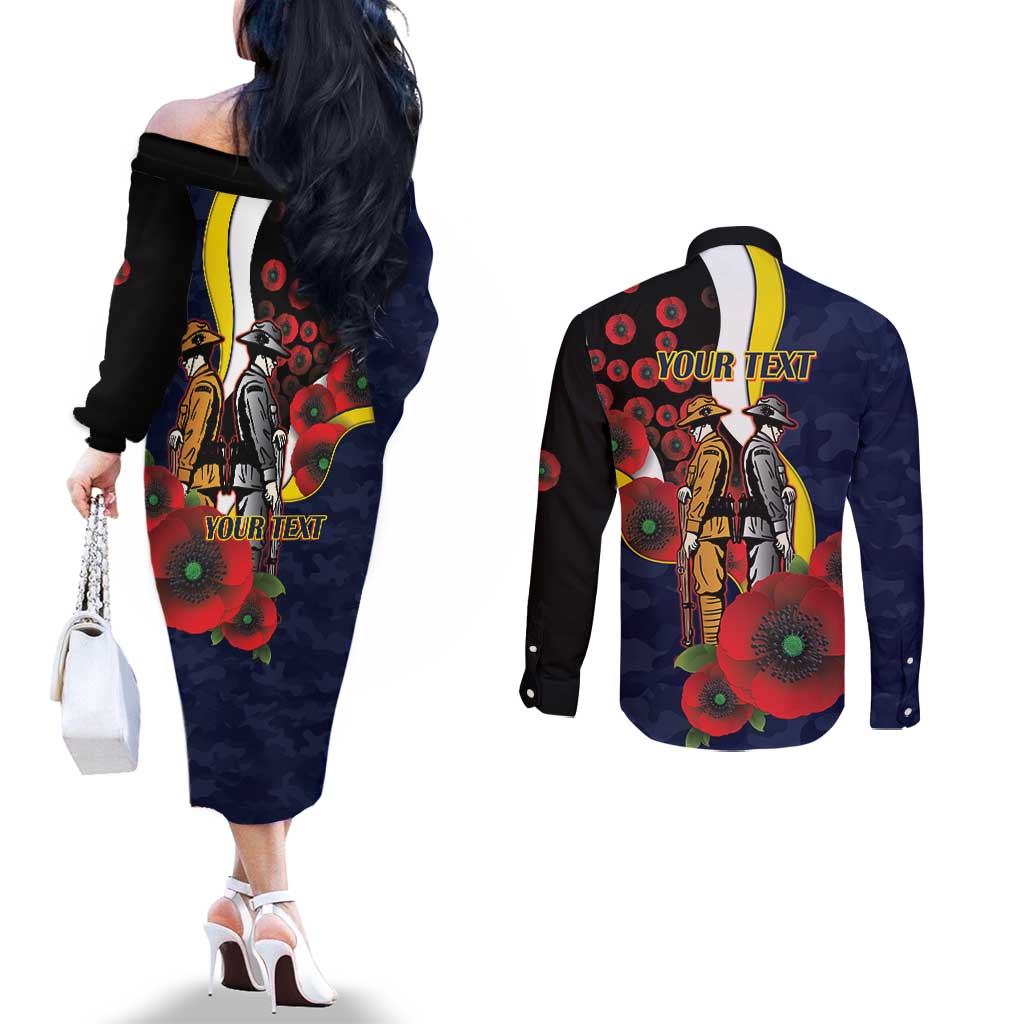 North Queensland Cowboys ANZAC Personalised Couples Matching Off The Shoulder Long Sleeve Dress and Long Sleeve Button Shirt Lest We Forget Poppy Camo