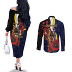 North Queensland Cowboys ANZAC Personalised Couples Matching Off The Shoulder Long Sleeve Dress and Long Sleeve Button Shirt Lest We Forget Poppy Camo