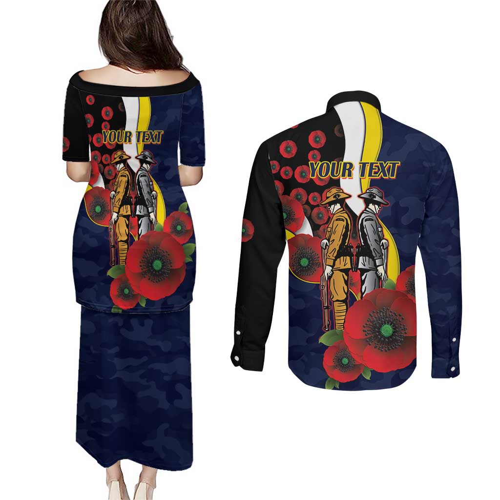 North Queensland Cowboys ANZAC Personalised Couples Matching Puletasi and Long Sleeve Button Shirt Lest We Forget Poppy Camo