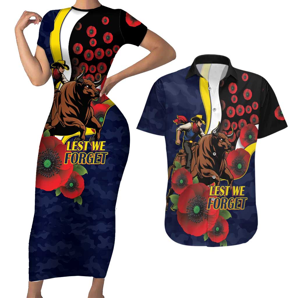 North Queensland Cowboys ANZAC Personalised Couples Matching Short Sleeve Bodycon Dress and Hawaiian Shirt Lest We Forget Poppy Camo