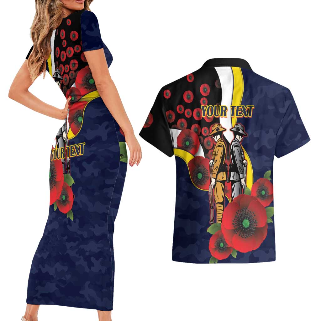 North Queensland Cowboys ANZAC Personalised Couples Matching Short Sleeve Bodycon Dress and Hawaiian Shirt Lest We Forget Poppy Camo