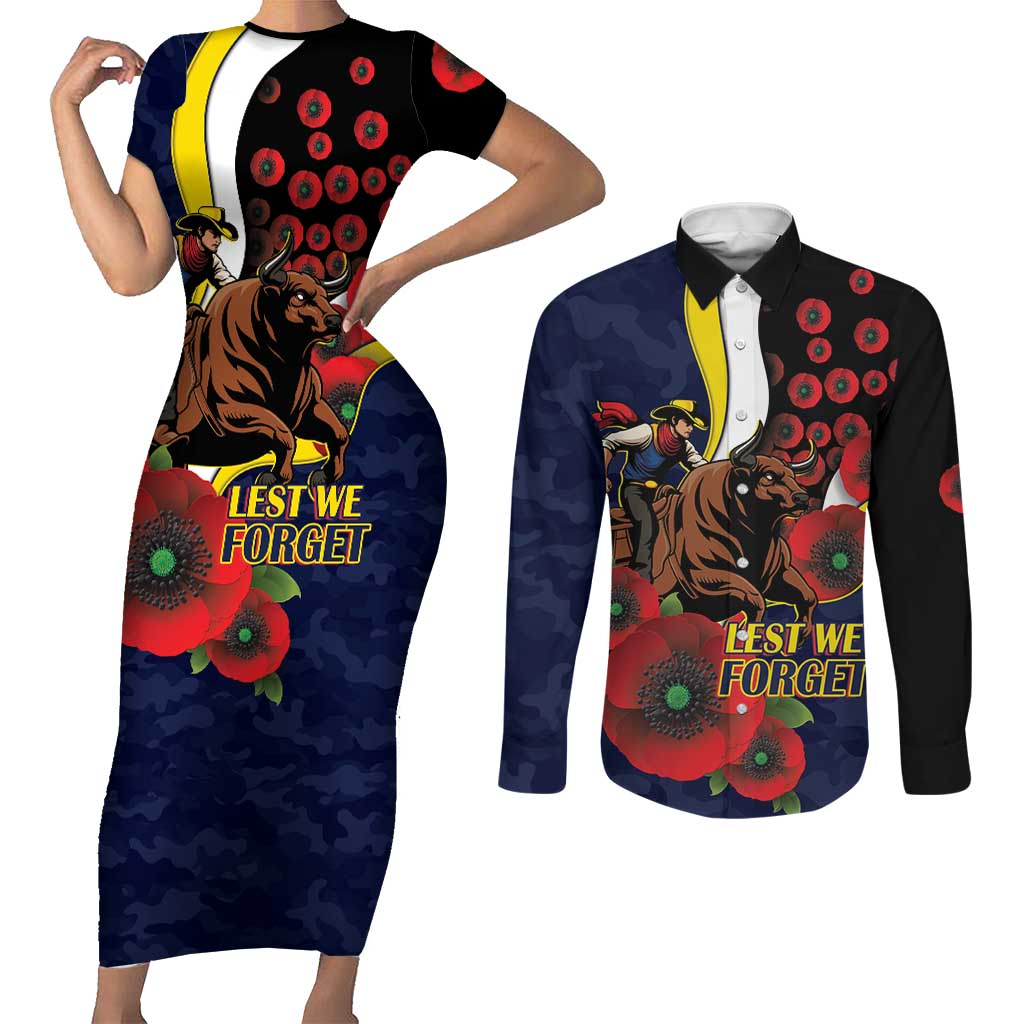 North Queensland Cowboys ANZAC Personalised Couples Matching Short Sleeve Bodycon Dress and Long Sleeve Button Shirt Lest We Forget Poppy Camo