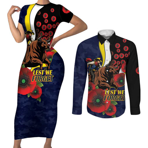 North Queensland Cowboys ANZAC Personalised Couples Matching Short Sleeve Bodycon Dress and Long Sleeve Button Shirt Lest We Forget Poppy Camo