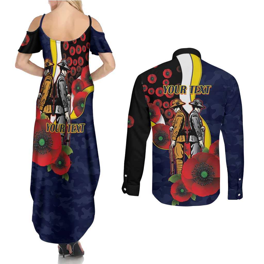 North Queensland Cowboys ANZAC Personalised Couples Matching Summer Maxi Dress and Long Sleeve Button Shirt Lest We Forget Poppy Camo