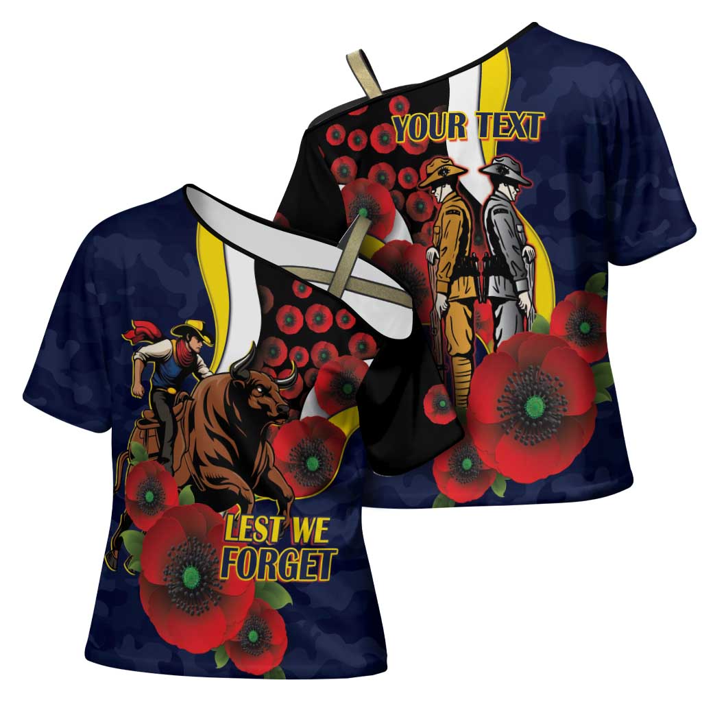 North Queensland Cowboys ANZAC Personalised Cross Shoulder Shirt Lest We Forget Poppy Camo