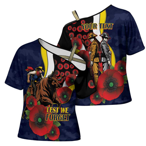 North Queensland Cowboys ANZAC Personalised Cross Shoulder Shirt Lest We Forget Poppy Camo