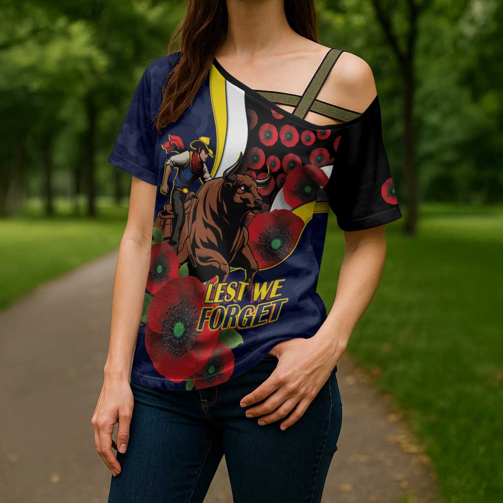 North Queensland Cowboys ANZAC Personalised Cross Shoulder Shirt Lest We Forget Poppy Camo