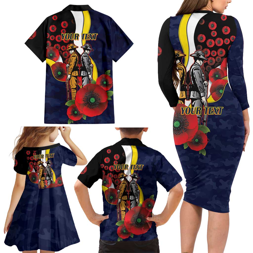 North Queensland Cowboys ANZAC Personalised Family Matching Long Sleeve Bodycon Dress and Hawaiian Shirt Lest We Forget Poppy Camo