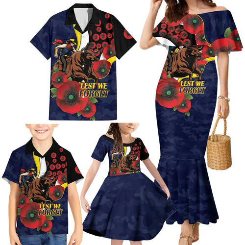 North Queensland Cowboys ANZAC Personalised Family Matching Mermaid Dress and Hawaiian Shirt Lest We Forget Poppy Camo