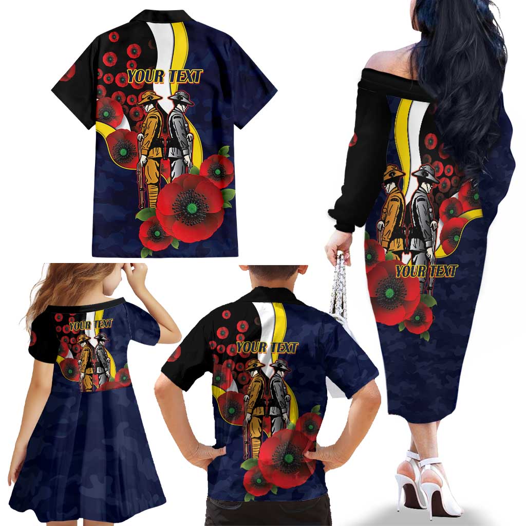 North Queensland Cowboys ANZAC Personalised Family Matching Off The Shoulder Long Sleeve Dress and Hawaiian Shirt Lest We Forget Poppy Camo