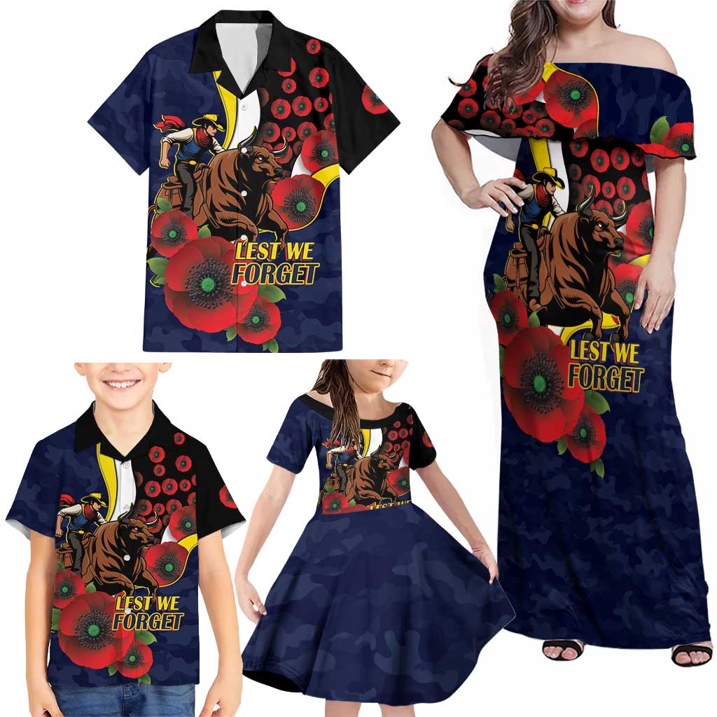 North Queensland Cowboys ANZAC Personalised Family Matching Off Shoulder Maxi Dress and Hawaiian Shirt Lest We Forget Poppy Camo