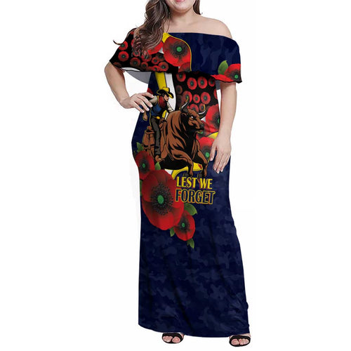 North Queensland Cowboys ANZAC Personalised Family Matching Off Shoulder Maxi Dress and Hawaiian Shirt Lest We Forget Poppy Camo