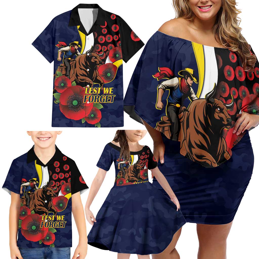 North Queensland Cowboys ANZAC Personalised Family Matching Off Shoulder Short Dress and Hawaiian Shirt Lest We Forget Poppy Camo