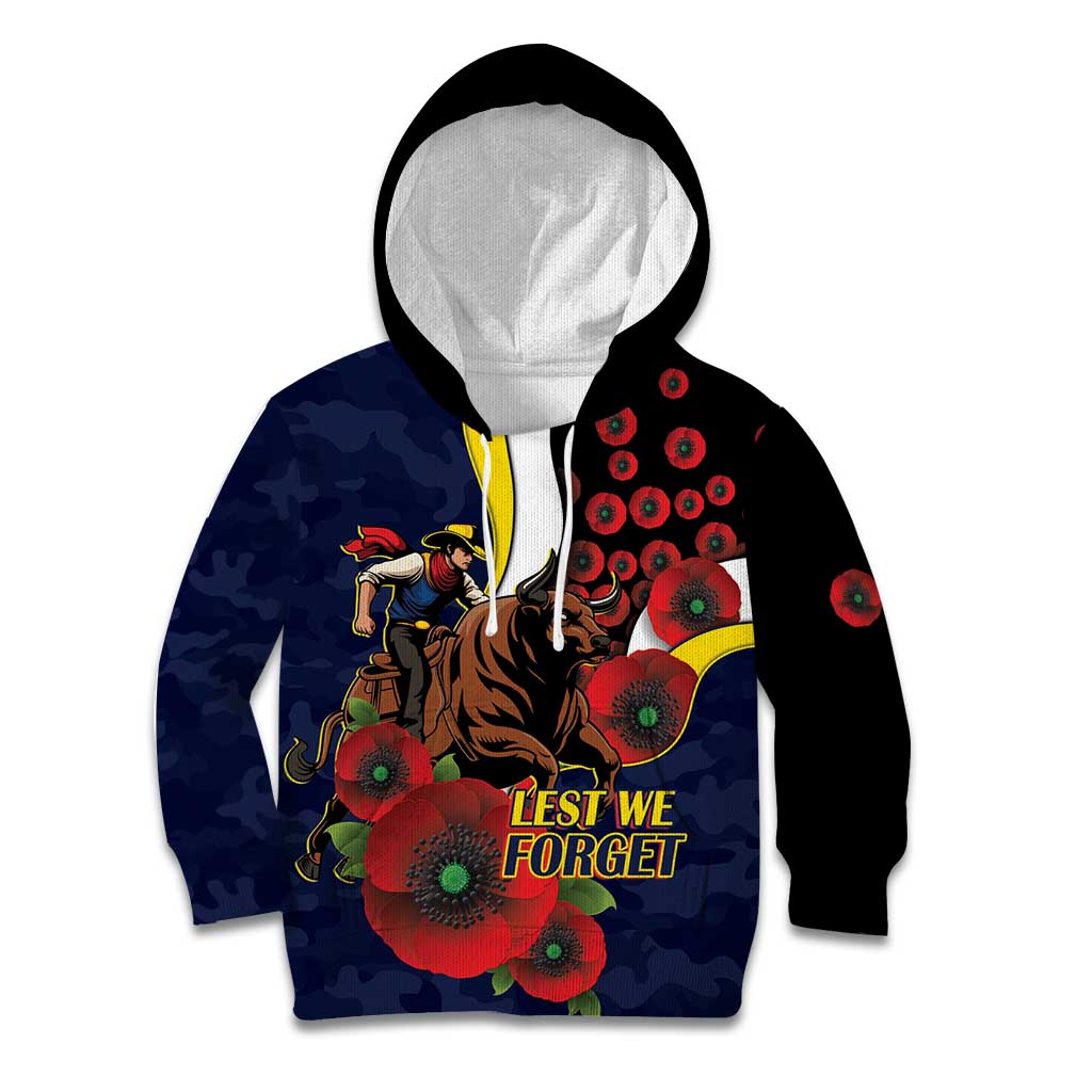 North Queensland Cowboys ANZAC Personalised Kid Hoodie Lest We Forget Poppy Camo