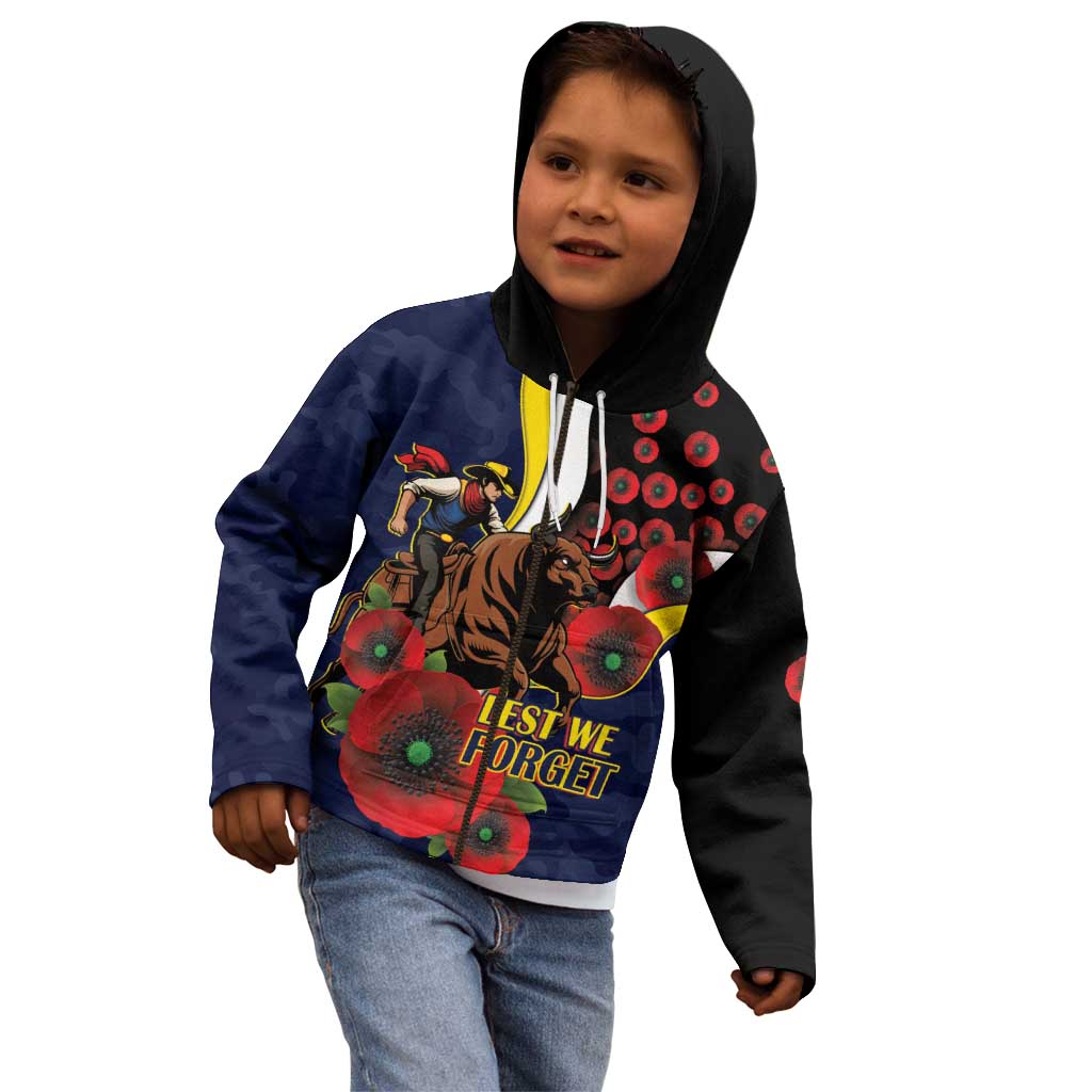 North Queensland Cowboys ANZAC Personalised Kid Hoodie Lest We Forget Poppy Camo