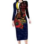 North Queensland Cowboys ANZAC Personalised Long Sleeve Bodycon Dress Lest We Forget Poppy Camo