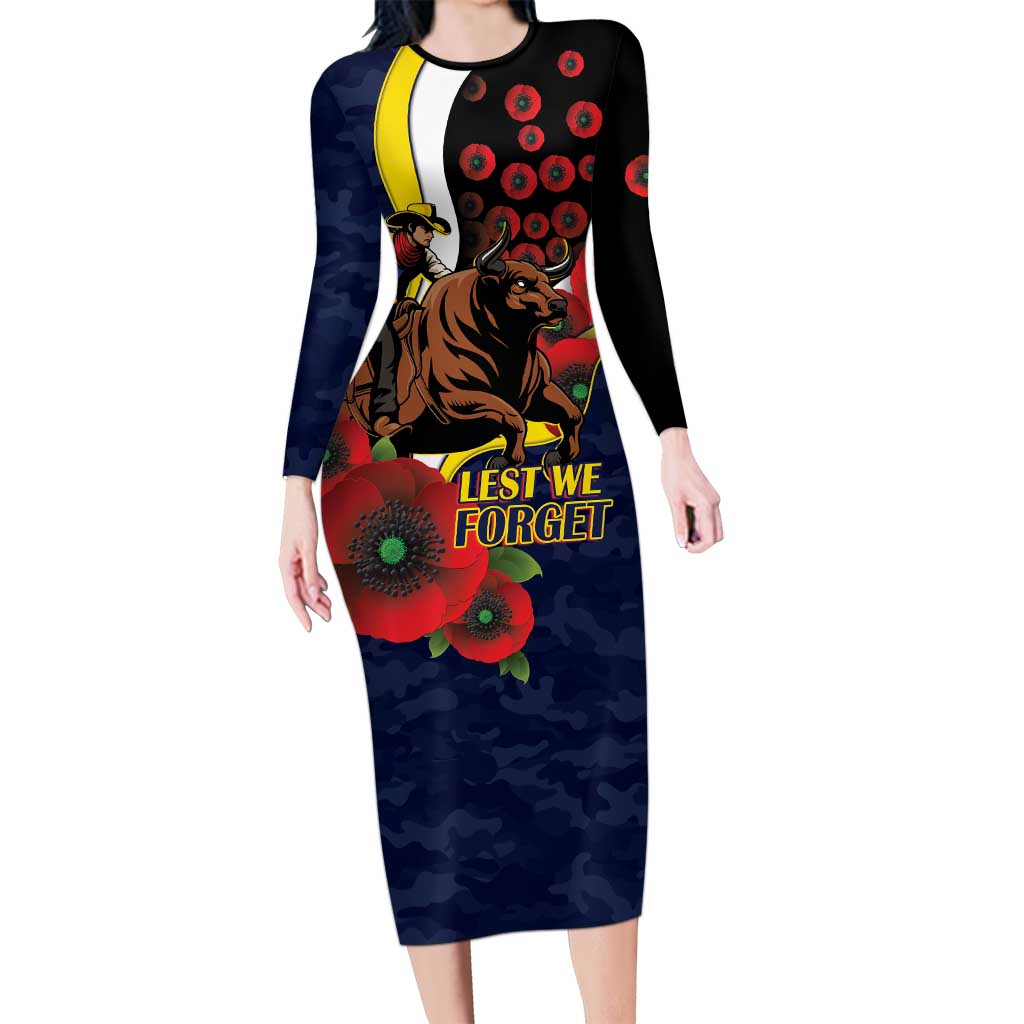 North Queensland Cowboys ANZAC Personalised Long Sleeve Bodycon Dress Lest We Forget Poppy Camo