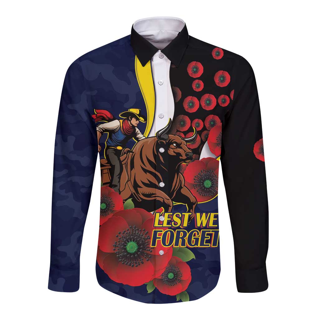 North Queensland Cowboys ANZAC Personalised Long Sleeve Button Shirt Lest We Forget Poppy Camo