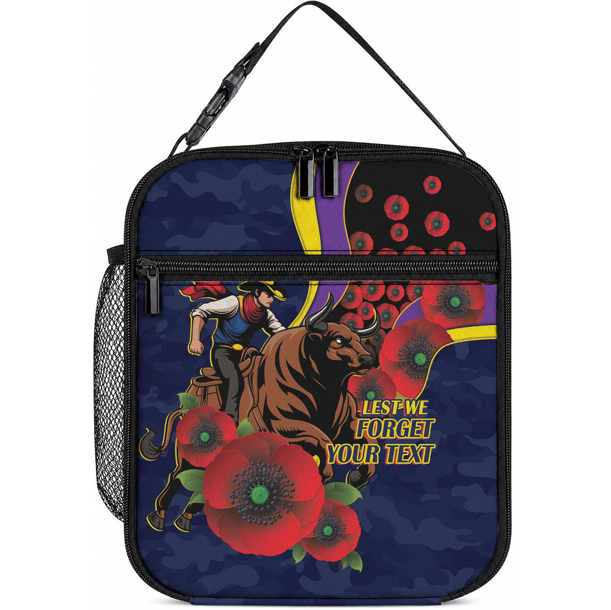 North Queensland Cowboys ANZAC Personalised Lunch Bag Lest We Forget Poppy Camo