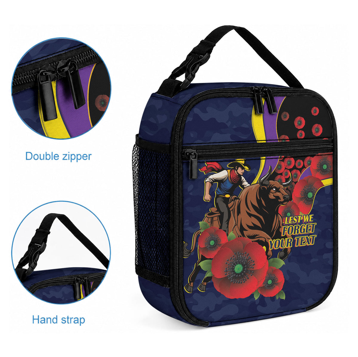 North Queensland Cowboys ANZAC Personalised Lunch Bag Lest We Forget Poppy Camo
