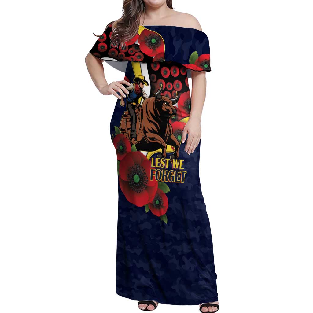 North Queensland Cowboys ANZAC Personalised Off Shoulder Maxi Dress Lest We Forget Poppy Camo