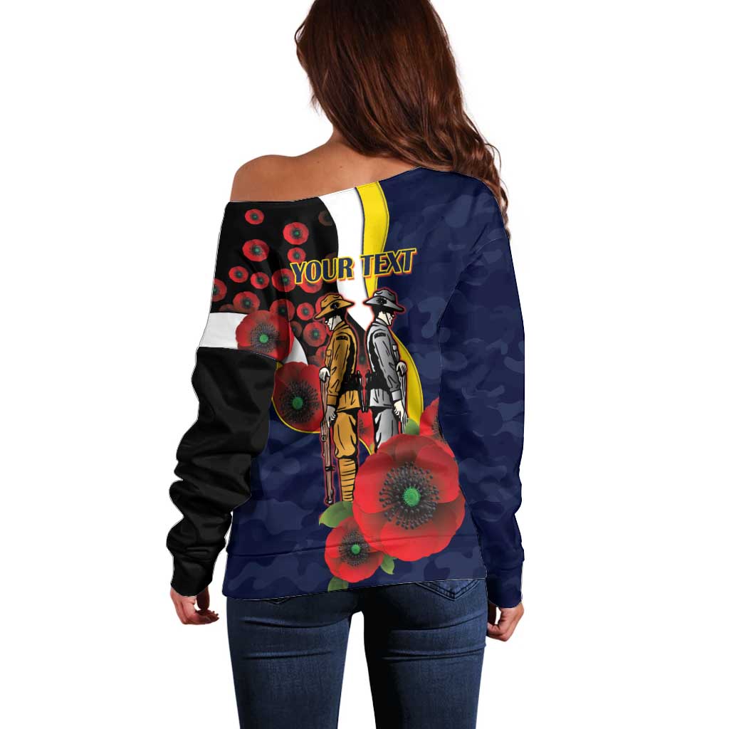 North Queensland Cowboys ANZAC Personalised Off Shoulder Sweater Lest We Forget Poppy Camo