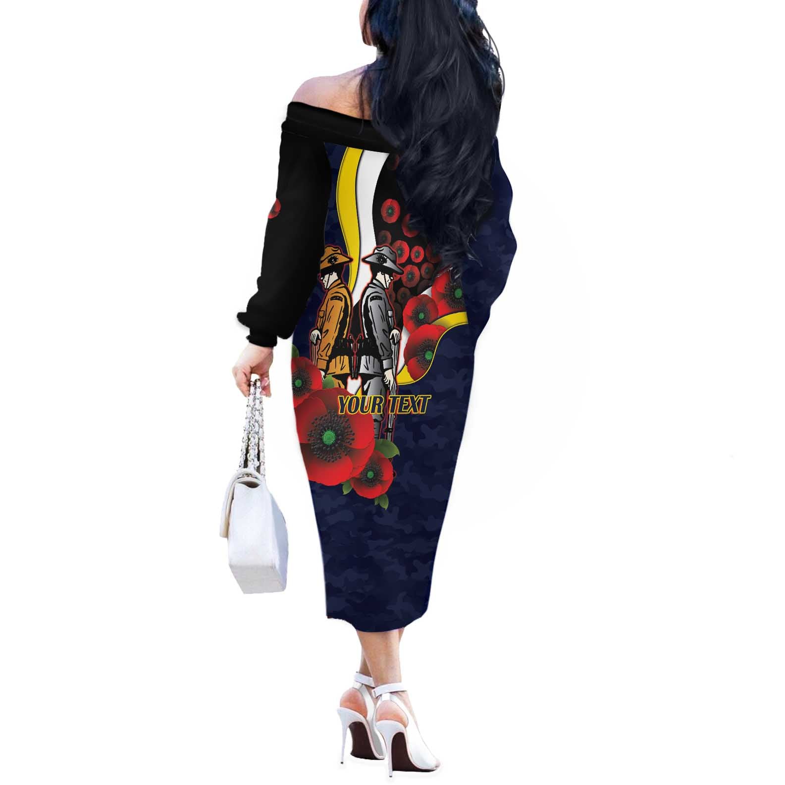 North Queensland Cowboys ANZAC Personalised Off The Shoulder Long Sleeve Dress Lest We Forget Poppy Camo