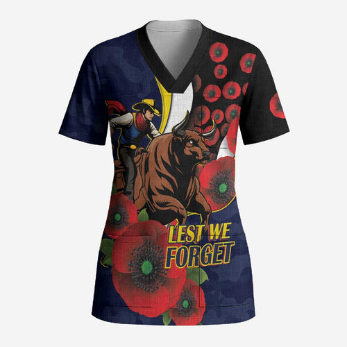 North Queensland Cowboys ANZAC Personalised Scrub Top Lest We Forget Poppy Camo