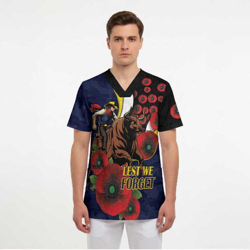 North Queensland Cowboys ANZAC Personalised Scrub Top Lest We Forget Poppy Camo
