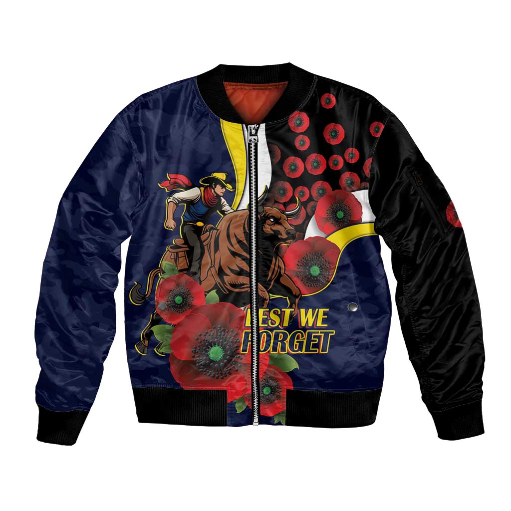 North Queensland Cowboys ANZAC Personalised Sleeve Zip Bomber Jacket Lest We Forget Poppy Camo