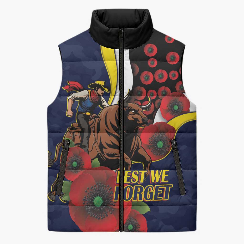 North Queensland Cowboys ANZAC Personalised Sleeveless Puffer Jacket Lest We Forget Poppy Camo
